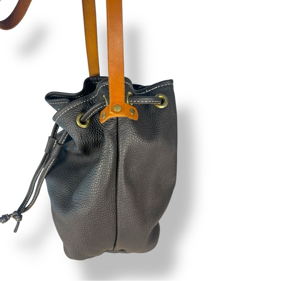Leather bucket draw string bag, gray and brown, nubuck - Picture 5 of 9